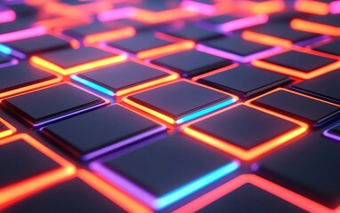 Poster - Neon grid of interconnected squares and lines with a glowing, holographic effect, representing futuristic technology and digital innovation