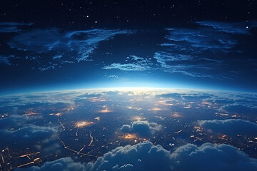 Wall Mural - Futuristic city aerial view at night. Structure of sci-fi metropolis with neon lights from the bird view