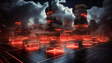 Poster - Concept of a digital city with cloud connections. Futuristic network in the clouds.