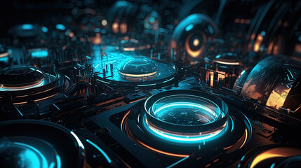 Poster - Technology abstract background with hud styled round interface elements in neon tech light.