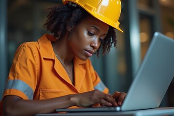 An African American woman wearing a hard hat works diligently on her laptop at a construction site during the late afternoon