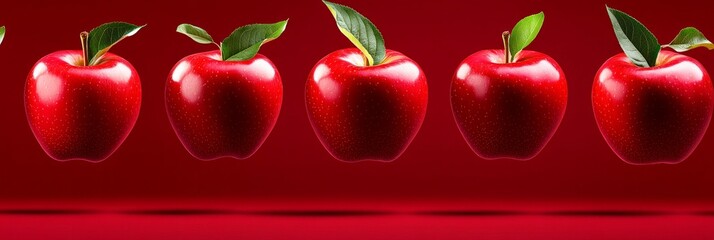 Wall Mural - Bright red apples bouncing in mid-air against a deep red background showcasing their glossy texture and vivid color