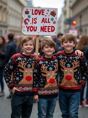 Three children in festive sweaters holding a sign celebrating love during a cheerful street celebration in the city during winter