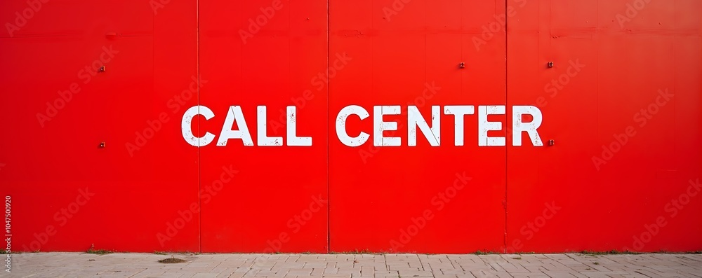 Red wall featuring large white letters announcing a call center in a ...