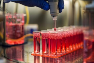 Poster - biotech experiment going wrong ,a person wearing blue gloves holds a tube filled with red liquid, sh