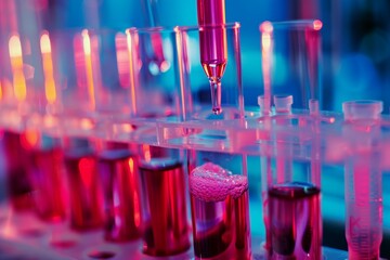 Poster - biotech experiment going wrong,a person in blue gloves is carefully holding a tube containing red li