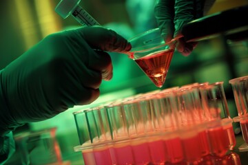 Poster - biotech experiment going wrong ,a person with blue gloves grips a tube of red liquid, highlighting t