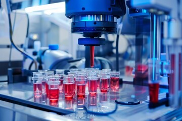 Poster - biotech robotics performing precision tasks ,a machine is dispensing red liquid into multiple test t