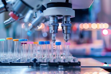 Poster - biotech robotics performing precision tasks,a laboratory machine fills test tubes with red liquid, s