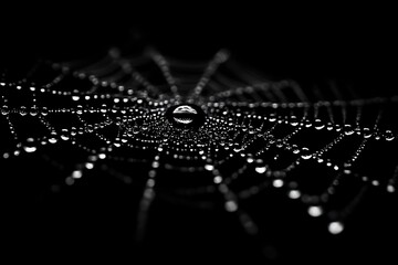 Intricate spider web adorned with delicate water droplets, captured in a striking monochrome palette.