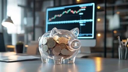 Poster - Clear piggy bank filled with coins on a desk in front of a computer displaying stock market trends