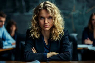 Businesswoman looking determined and focused during negotiations ,A woman dressed in a business suit faces the camera, radiating professionalism and self-assurance.