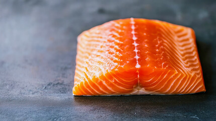 Freshly cut salmon fillet on a dark kitchen countertop ready for preparation and cooking