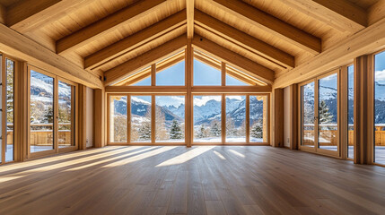 Wall Mural - An empty interior of a wooden chalet with a beautiful winter landscape view and large windows