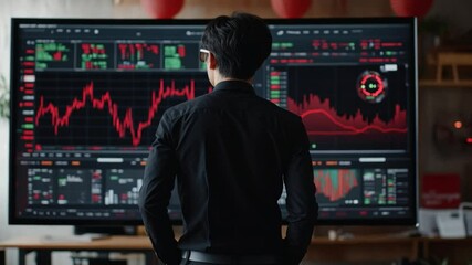 Poster - Analyst observing stock market trends on a large screen in a modern office during the day
