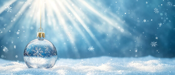 Poster - A clear glass ornament with a snowflake pattern sits on fresh white snow. The sun shines through the ornament, creating a bright light. Snowflakes fall gently from the sky.
