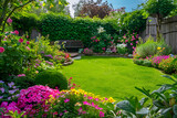 Piękny ogród z kwitnącymi kwiatami i przystrzyżoną trawą