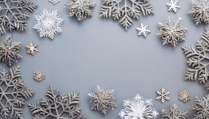 Aufkleber - Snowflakes frame pastel gray background flat lay with plenty of copy space for a festive ho_1(618)
