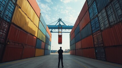 Back view of a logistics coordinator ensuring stock container being lifted at shipping port front view Cargo handling efficiency