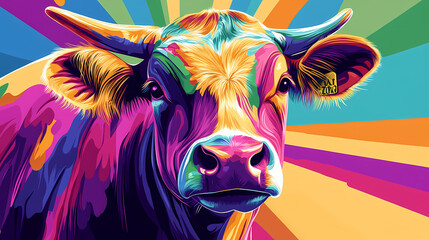 Vibrant, modern pop art illustration of a cow, perfect for trendy milk label designs and playful dairy product branding. Pop Art Portrait. Illustration