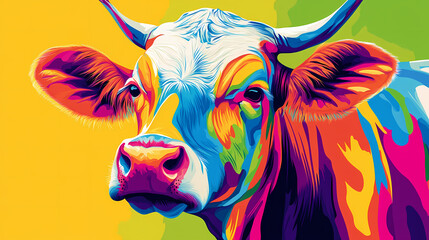 Vibrant, modern pop art illustration of a cow, perfect for trendy milk label designs and playful dairy product branding. Pop Art Portrait. Illustration