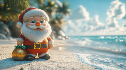 Santa Claus on the tropical sea coast on the beach