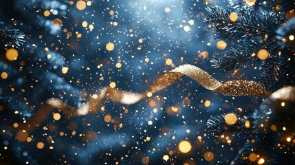 Poster - Festive holiday decorations with shimmering gold ribbon and sparkling lights amidst a winter wonderland background