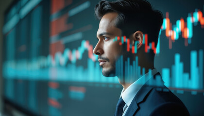 Poster - Professional Evaluating Stock Market Data: A professional evaluating stock market data on a digital screen, focusing on financial strategies and market analysis.