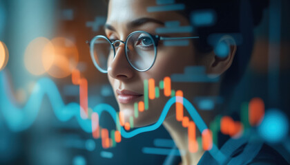 Poster - Market Analyst Observing Stock Fluctuations: A market analyst observing stock market fluctuations on a digital display, focusing on financial analysis and economic trends.
