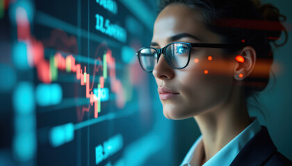 Poster - Businesswoman Analyzing Financial Data with Digital Overlay: A businesswoman analyzing financial data, with a digital stock market overlay, representing data-driven decision-making.