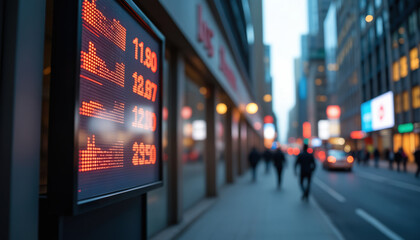 Poster - Urban Digital Billboard with Stock Data: A digital billboard on a busy street displaying stock data, representing the integration of finance and public information.