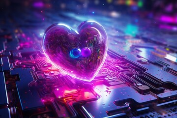 Poster - A glowing heart-shaped figure rests on a circuit board in a futuristic digital landscape