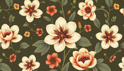 Wall Mural - Abstract flower art seamless pattern illustration. Organic nature floral background in vintage style. Spring season decoration texture, drawing print isolated with white highlights, png