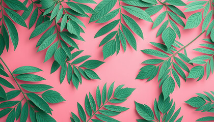 Wall Mural - panoramic shot of paper cut palm leaves on pink background, seamless pattern isolated with white highlights, png