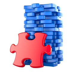 Poster - Stack of blue puzzles with one red puzzle, 3D rendering isolated on transparent background