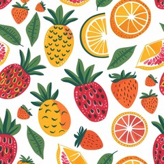 Aufkleber - A vibrant arrangement of strawberries, pineapples, and oranges adorned by green leaves creates a cheerful summer pattern. Generative AI