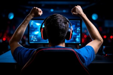 Poster - 3D digital illustration of a high-energy video game tournament with players competing on stage, dynamic lighting effects, and a cheering crowd, capturing the excitement of esports entertainment,
