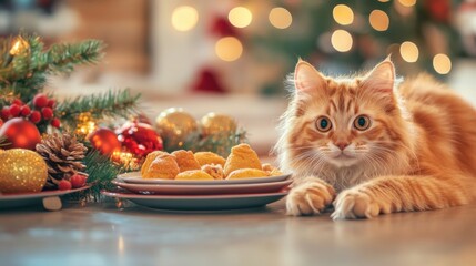 A festive gathering a cheerful family embracing holiday spirit with a playful cat and delicious treats,Generative Ai, copy space