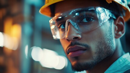 Poster - A diligent construction worker wearing safety glasses and a hard hat is engaged in activities on a busy construction site. Generative AI