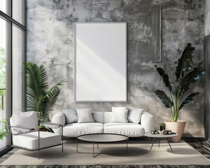 A modern living room with a white sofa. armchair. coffee table. and two potted plants in front of a large blank canvas against a raw concrete wall