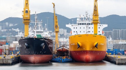 Two large ships are docked at a port. One is black and the other is yellow. The yellow ship is larger than the black one