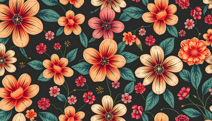 Wall Mural - Abstract flower art seamless pattern illustration. Organic nature floral background in vintage style. Spring season decoration texture, drawing print isolated with white highlights, png