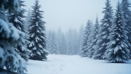 Poster - Snow covered trees create a serene winter wonderland background for an enchanting Christmas scene.
