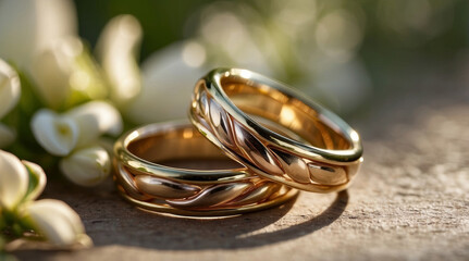 a pair of gold wedding rings