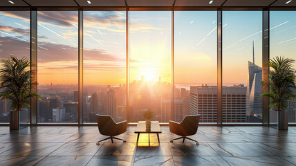 An elegant office space with panoramic windows showing a stunning sunset over a metropolitan skyline