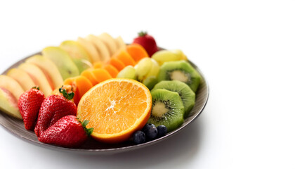 Plate of cut fruit on side position provides copy space for text. background concept isolated white