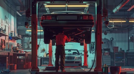 Poster - A mechanic is focused on performing repairs under a vehicle elevated on a hoist inside a busy automotive workshop. Generative AI