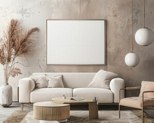 A modern living room interior with a white sofa. a coffee table. a rug. a framed mockup poster and two hanging lamps on a grunge textured wall