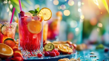 Aufkleber - Bright and festive cocktails with fruit slices accompany delicious snacks, enhancing the joyful ambiance of a summer celebration. Generative AI