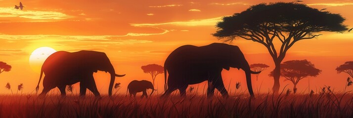 Poster - Elephants wander together in the African savanna at sunset, casting beautiful silhouettes against the vibrant evening sky. Generative AI